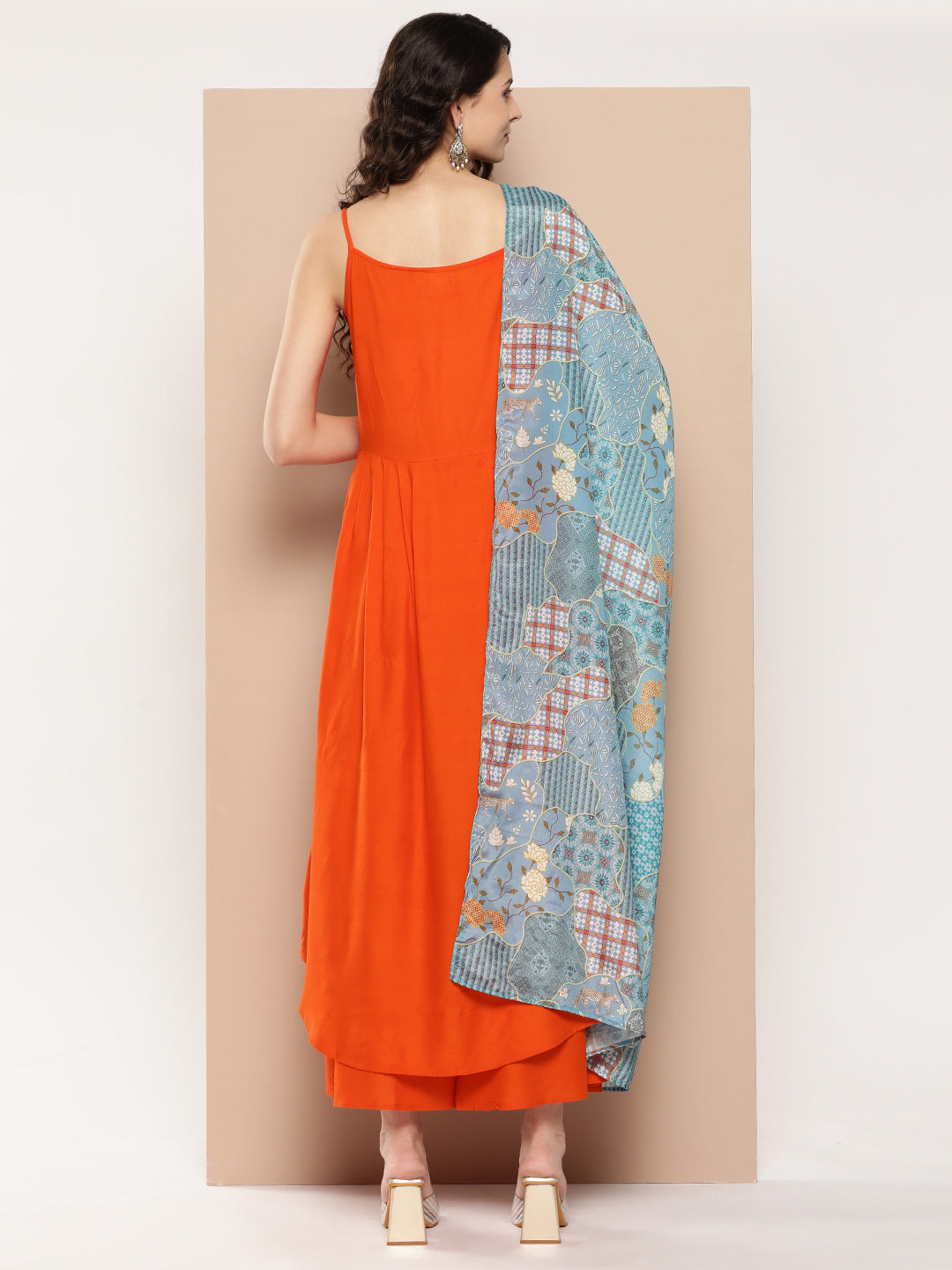 InWeave Women's Orange Strappy Set With Blue Chinnon Print Silk Dupatta - Swadesiicart