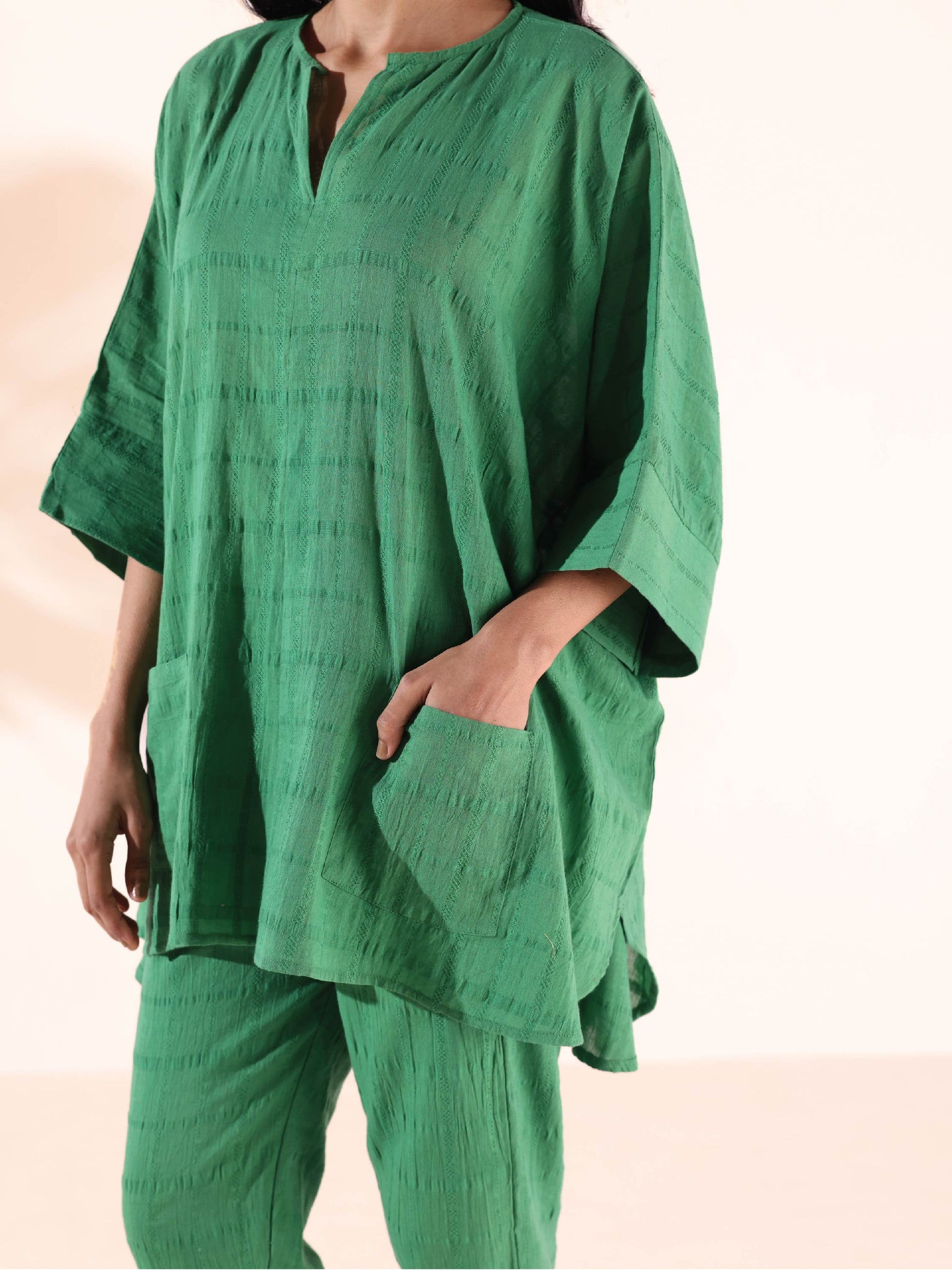 trueBrowns Green Cotton Dobby Oversized Co-ord Set - Swadesiicart