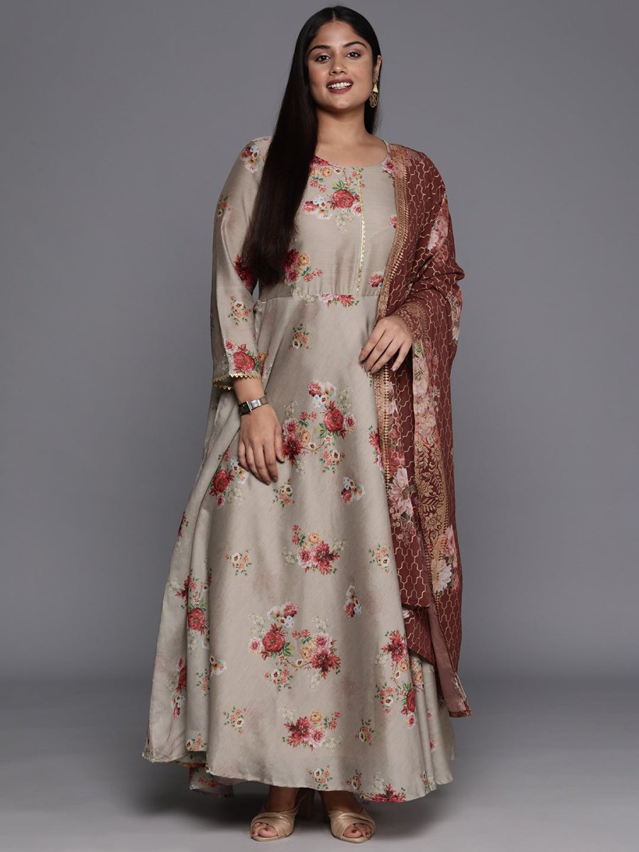 Ahalyaa Plus Size Round Neck Maxi Ethnic Dress With Dupatta | Swadesiicart