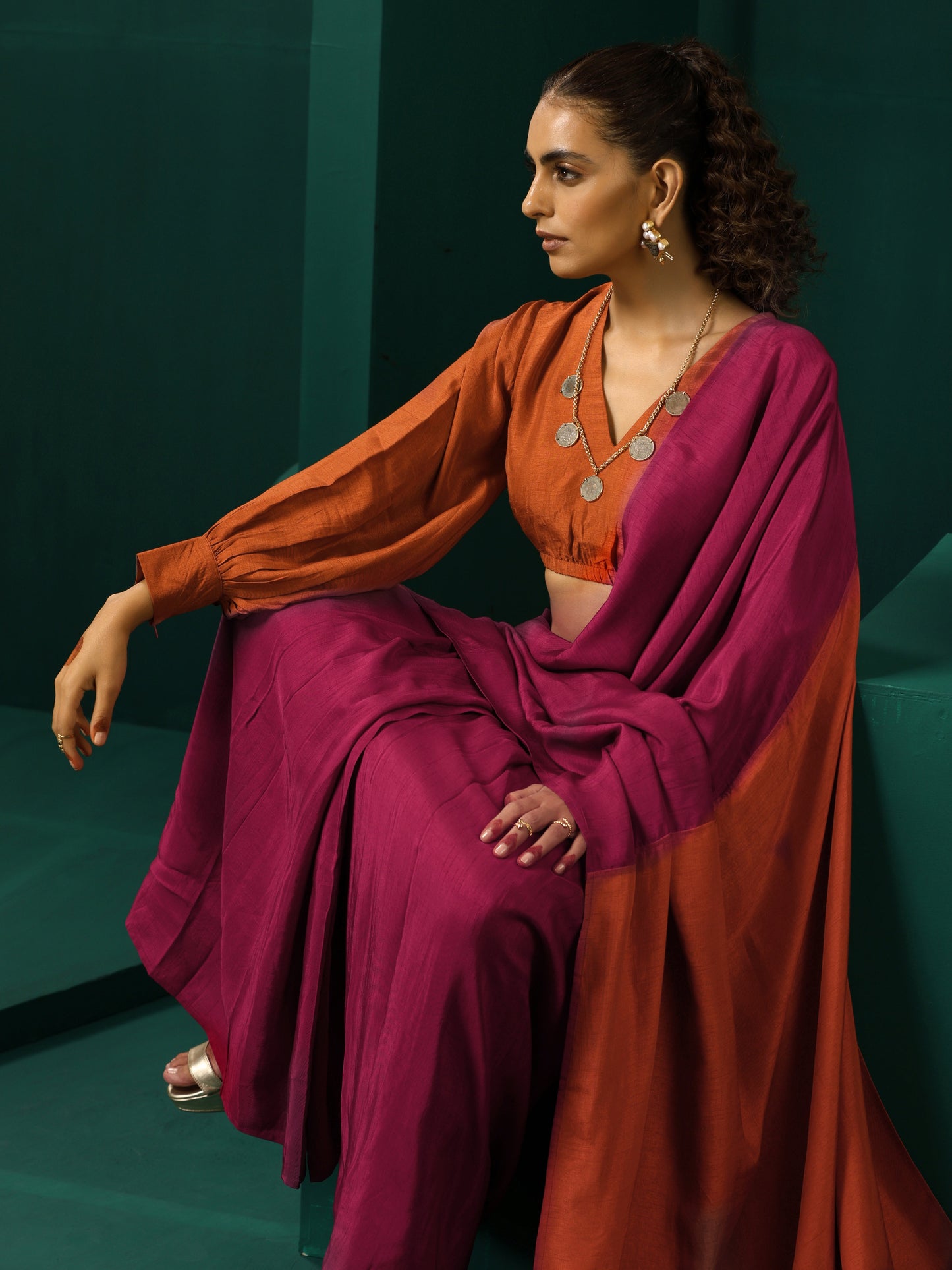 trueBrowns Maroon Rust Silk Ready To Wear Saree | Swadesiicart