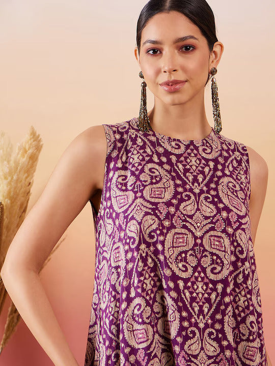 InWeave Dusty Mauve Paisley Round Neck Kurta Short Palazzo Set - Swadesiicart