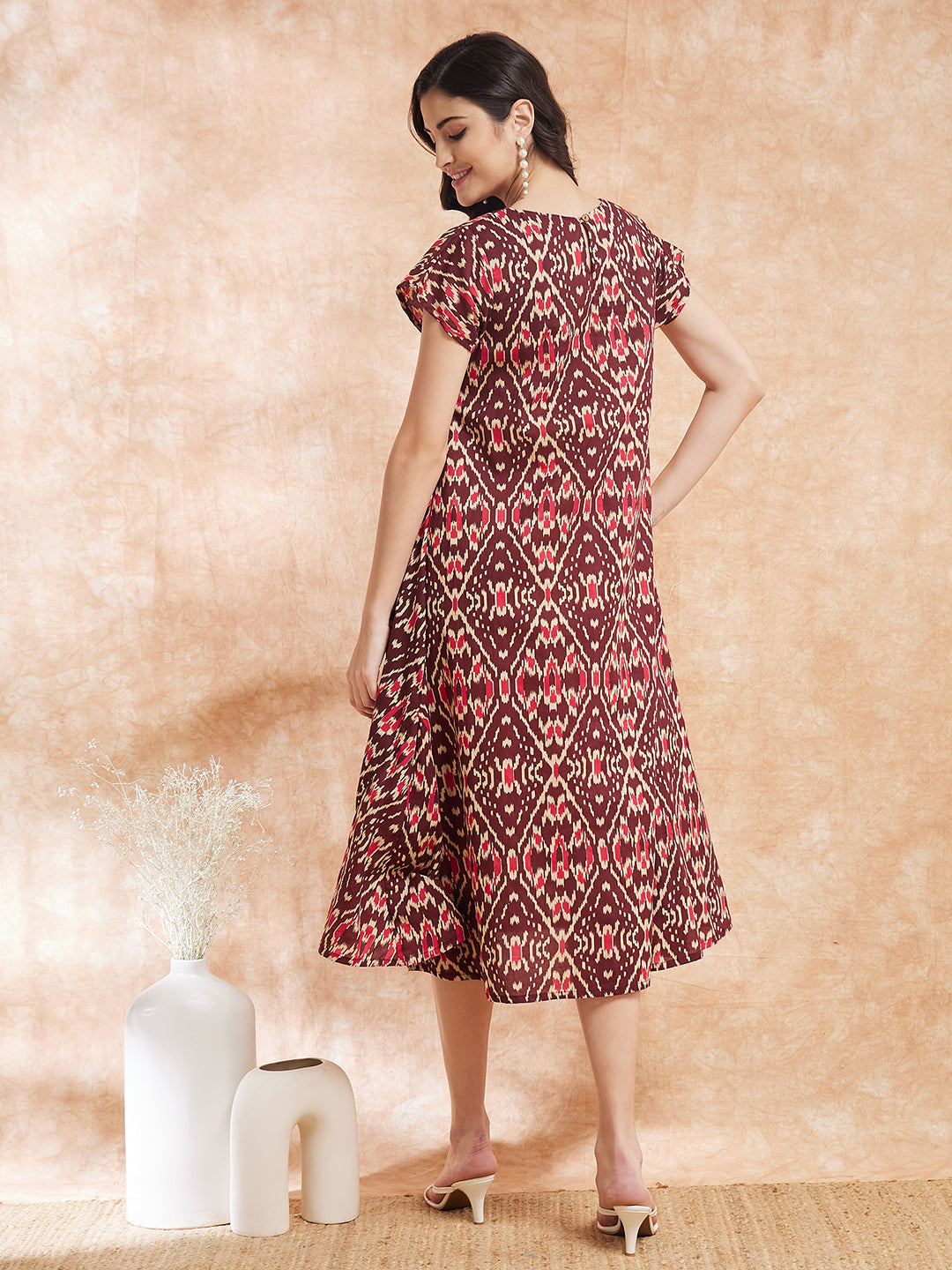 InWeave Women's Wine Ikkat Print A Line Dress - Swadesiicart