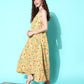InWeave Women's Yellow Print Back Less Long Kurta Pant Set - Swadesiicart