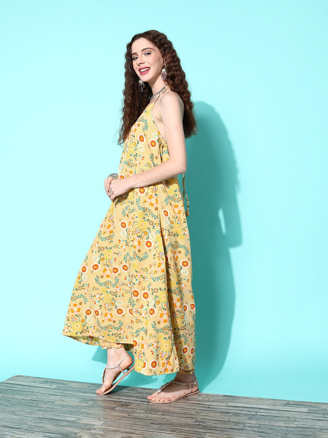 InWeave Women's Yellow Print Back Less Long Kurta Pant Set - Swadesiicart