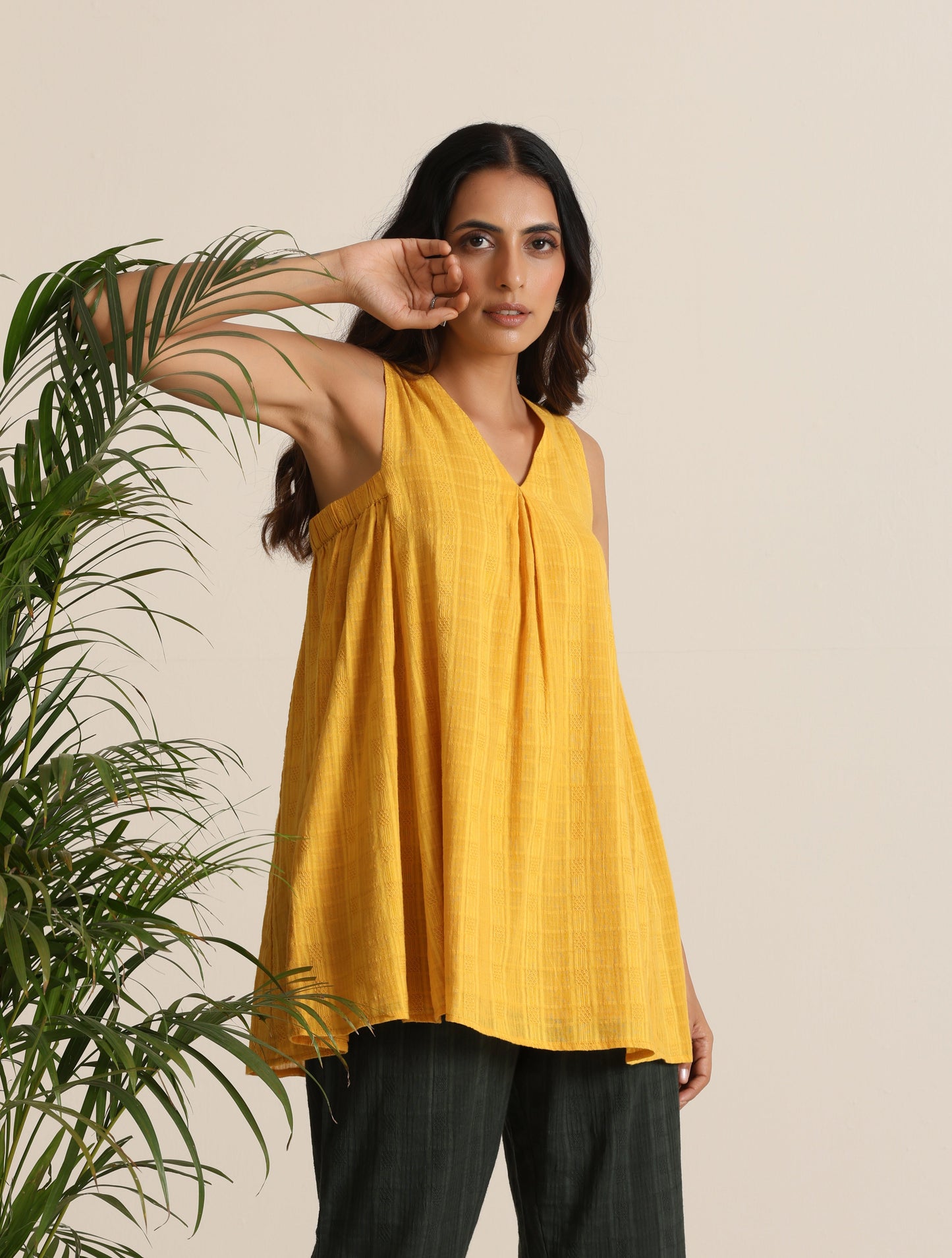 trueBrowns Mustard Cotton Dobby Sleeveless Co-ord Set - Swadesiicart
