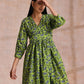 trueBrowns Lime Green Overall Blue Floral Block Print Cotton Wrap Dress | Swadesiicart
