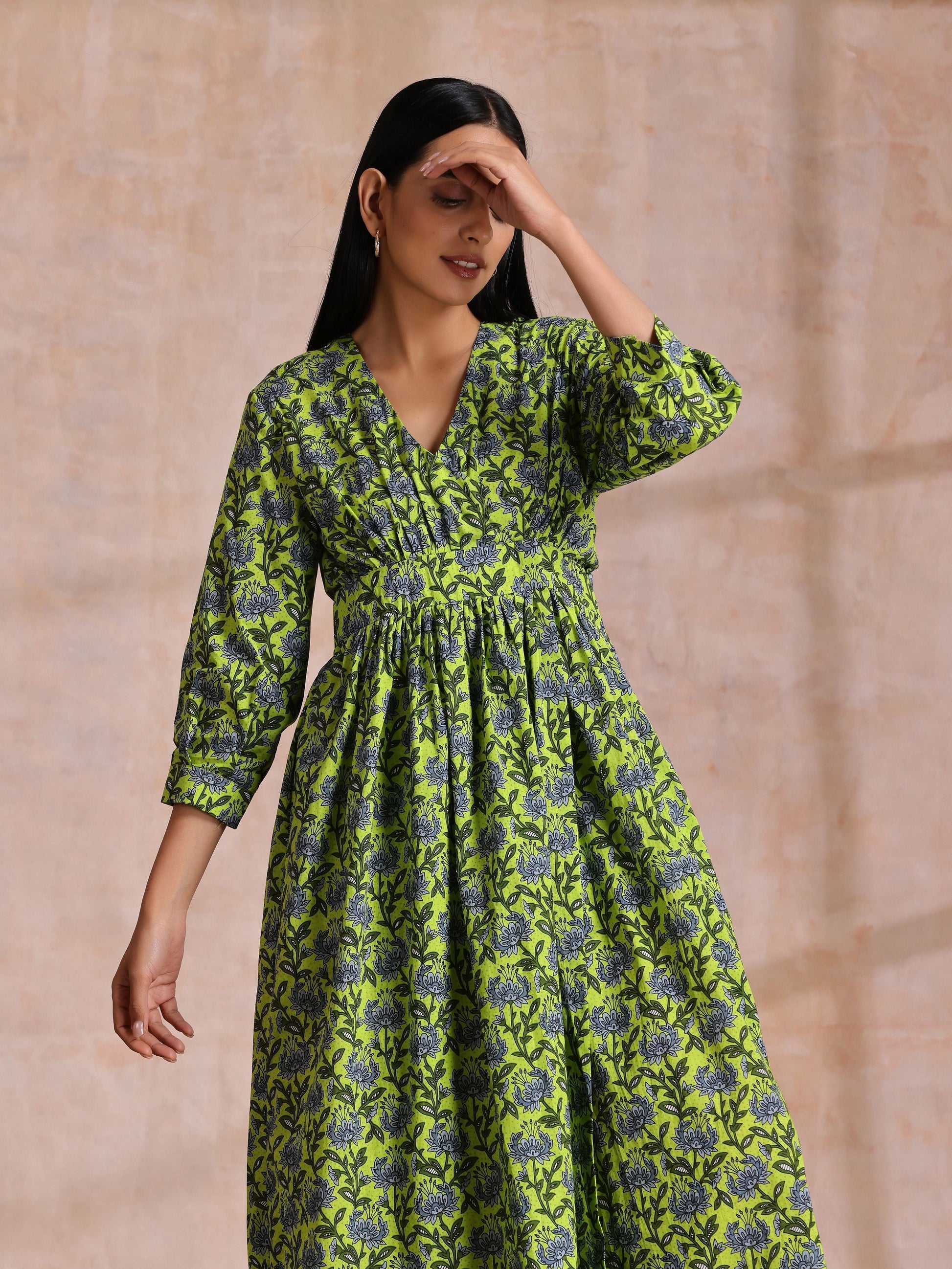 trueBrowns Lime Green Overall Blue Floral Block Print Cotton Wrap Dress | Swadesiicart