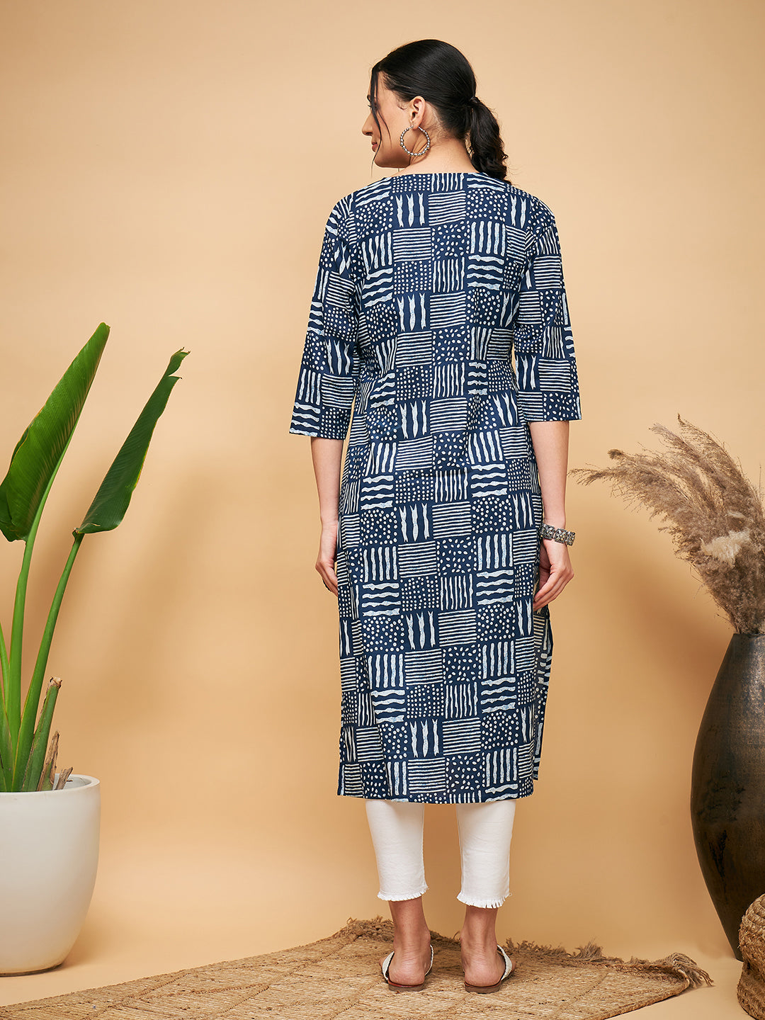 InWeave Women's Ankola Indigo With Tiles Hand Block Print Lace Straight Kurta - Swadesiicart
