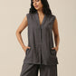 trueBrowns Slate Grey Slub Texture Sleevesless Jacket Pant Set | Swadesiicart