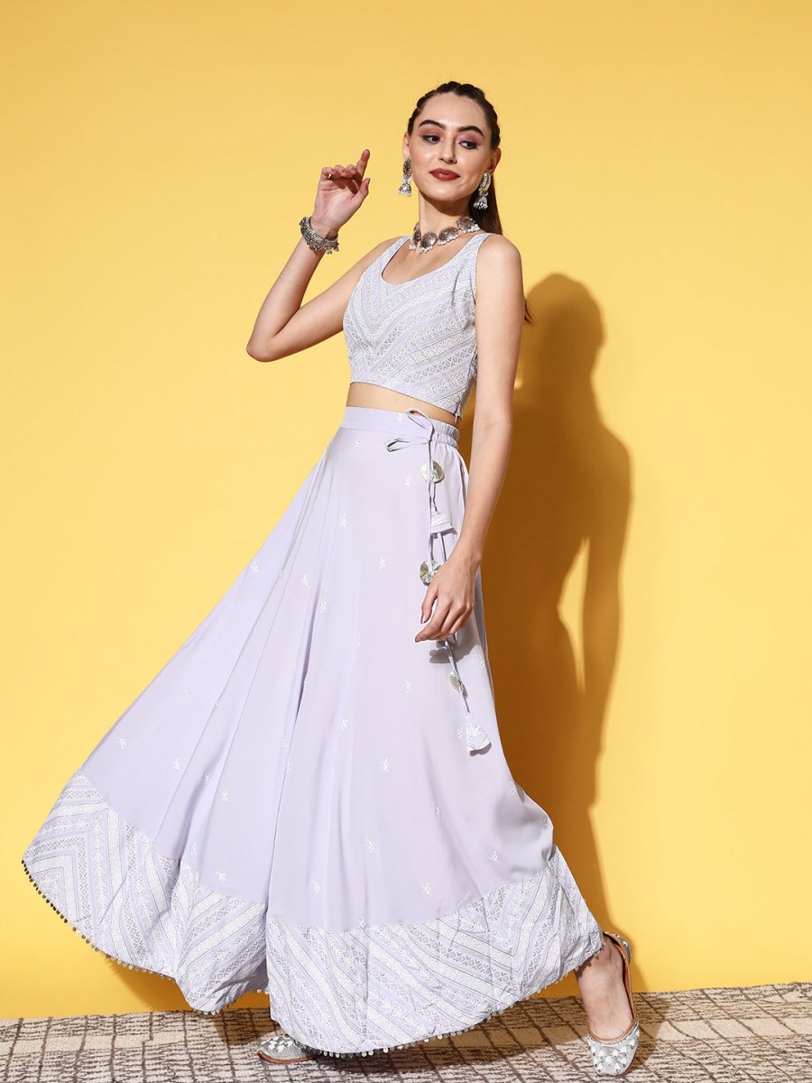 Ahalyaa Blue & White Printed Sequinned Ready to Wear Lehenga & Blouse With Dupatta | Swadesiicart