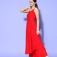 InWeave Women's Red Strappy Set With Green Floral Short Organza Cape - Swadesiicart