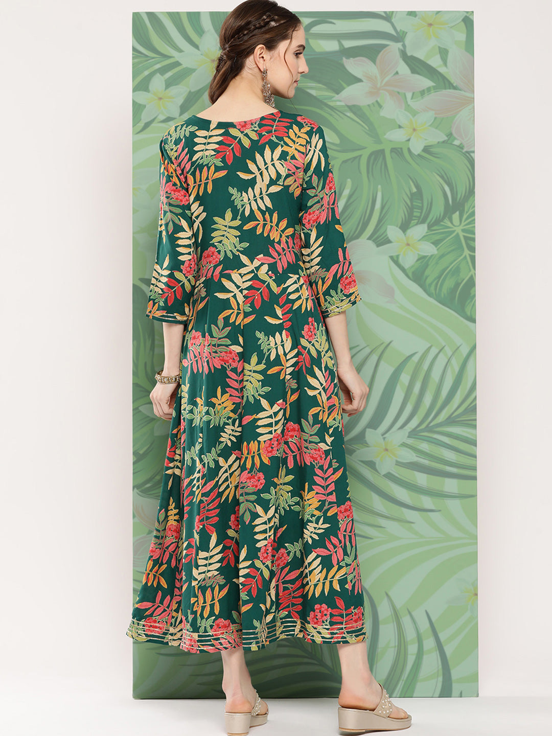 InWeave Women's Green Tropical Print Gota Long Dress - Swadesiicart