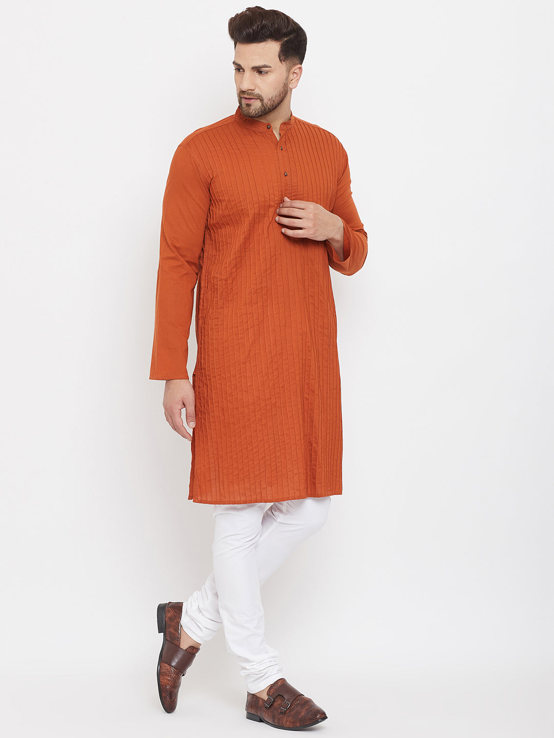 Even Apparels Rust Pure Cotton Kurta With Band Collar | Swadesiicart