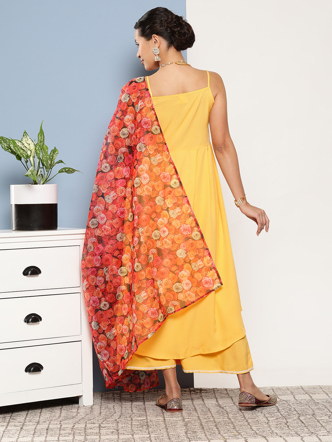 InWeave Women's Cassatta Yellow Cr Strappy Set With Rose Print Dupatta - Swadesiicart