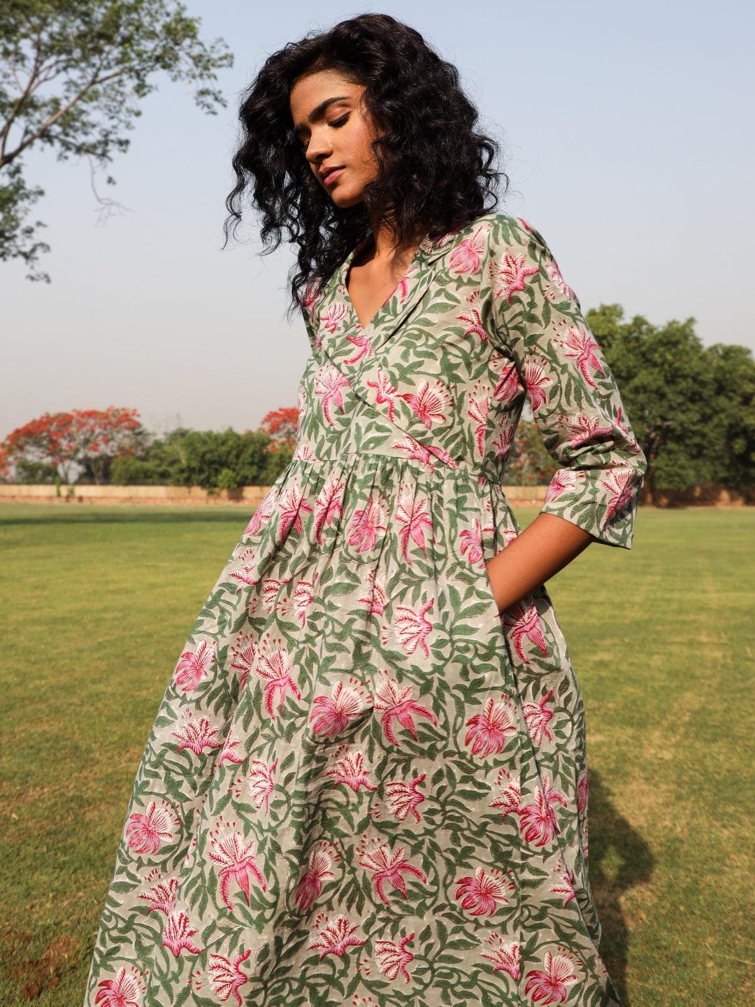 trueBrowns Sage Cotton Block Print Lapel Collared Dress | Swadesiicart