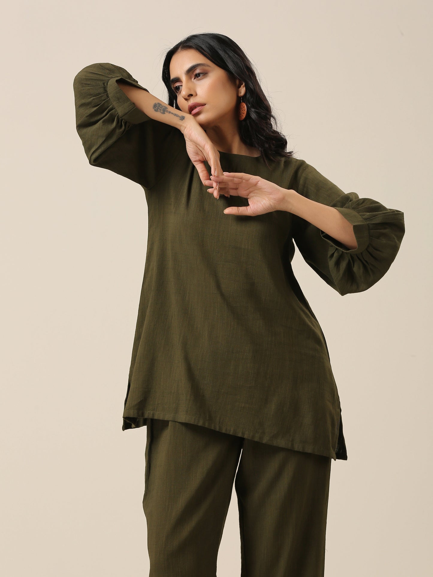 trueBrowns Olive Green Slub Texture Baggy Sleeve Co-Ord Set - Swadesiicart