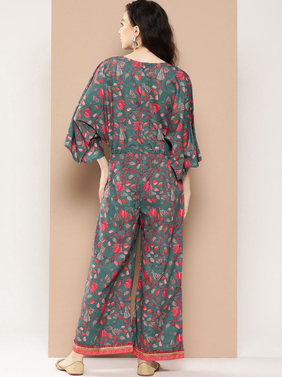 Ahalyaa Printed Basic Jumpsuit with Lace Inserts | Swadesiicart