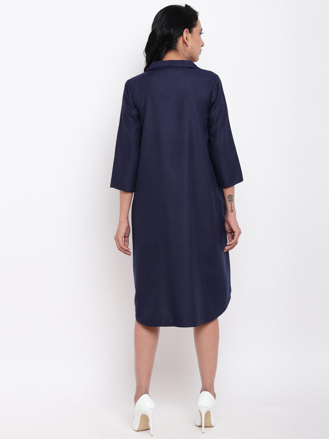 trueBrowns Linen Cotton Blue Collared Dress | Swadesiicart