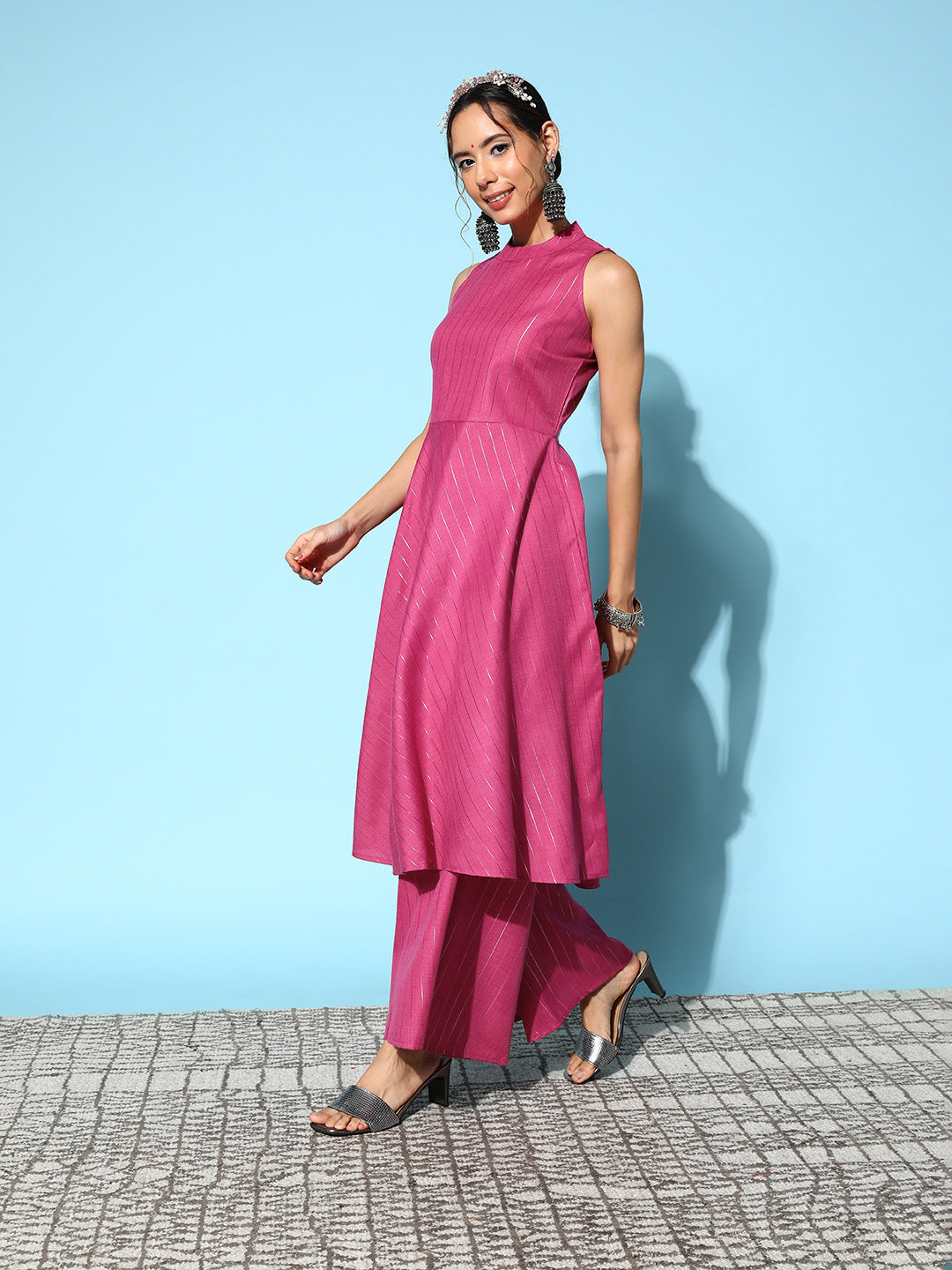 InWeave Women's Pink Lurex Boho Sleevless Kurta Set - Swadesiicart
