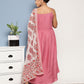 InWeave Women's Light Pink Ray Strappy Set With Red Big Floral Cotton Dupatta - Swadesiicart