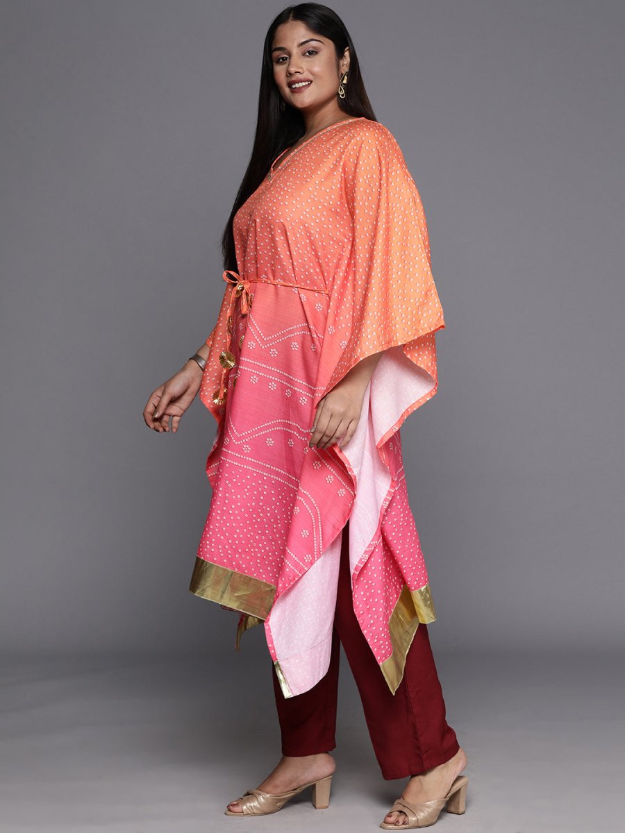 Ahalyaa Plus Size Bandhani Printed Flared Sleeves Gotta Patti Kaftan Kurta | Swadesiicart