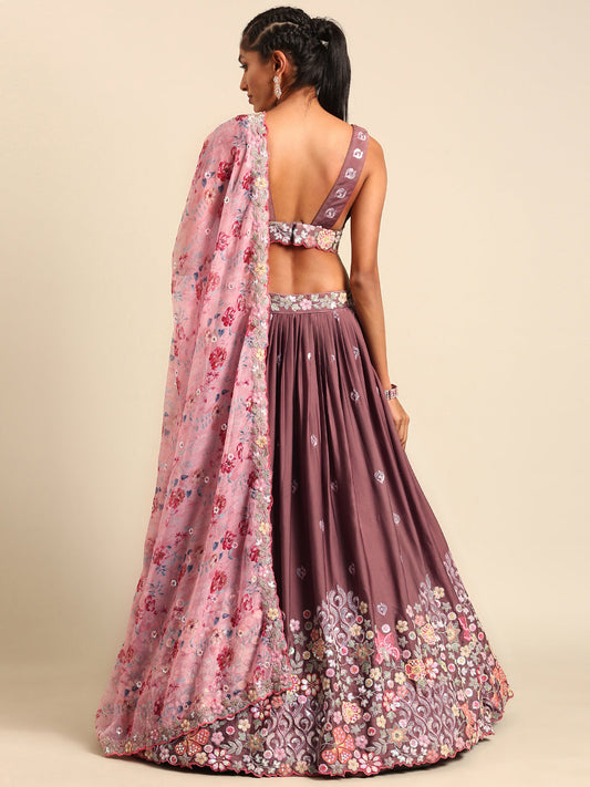 House of Panchhi Rose Gold Chinon Sequins Embroidery Lehenga Choli & Dupatta | Swadesiicart
