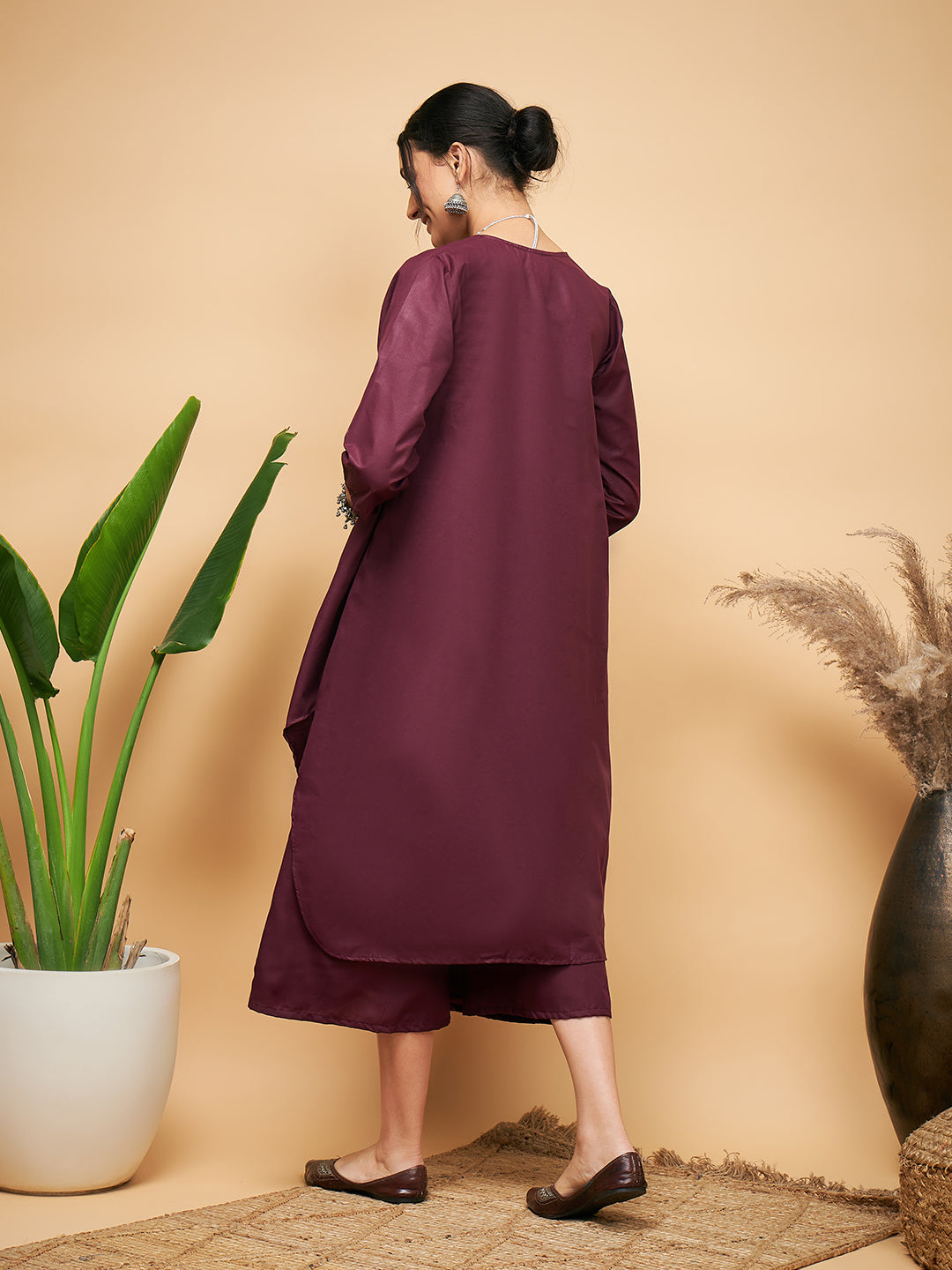 InWeave Women's Wine Solid Flared Kurta Palazzo Set - Swadesiicart