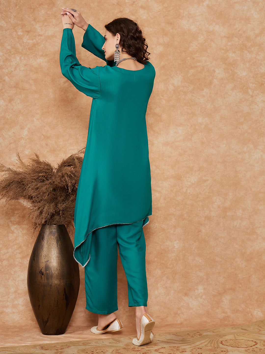 InWeave Women's Teal Trangle Yellow Patch Work Assymentrical Kurta Set - Swadesiicart