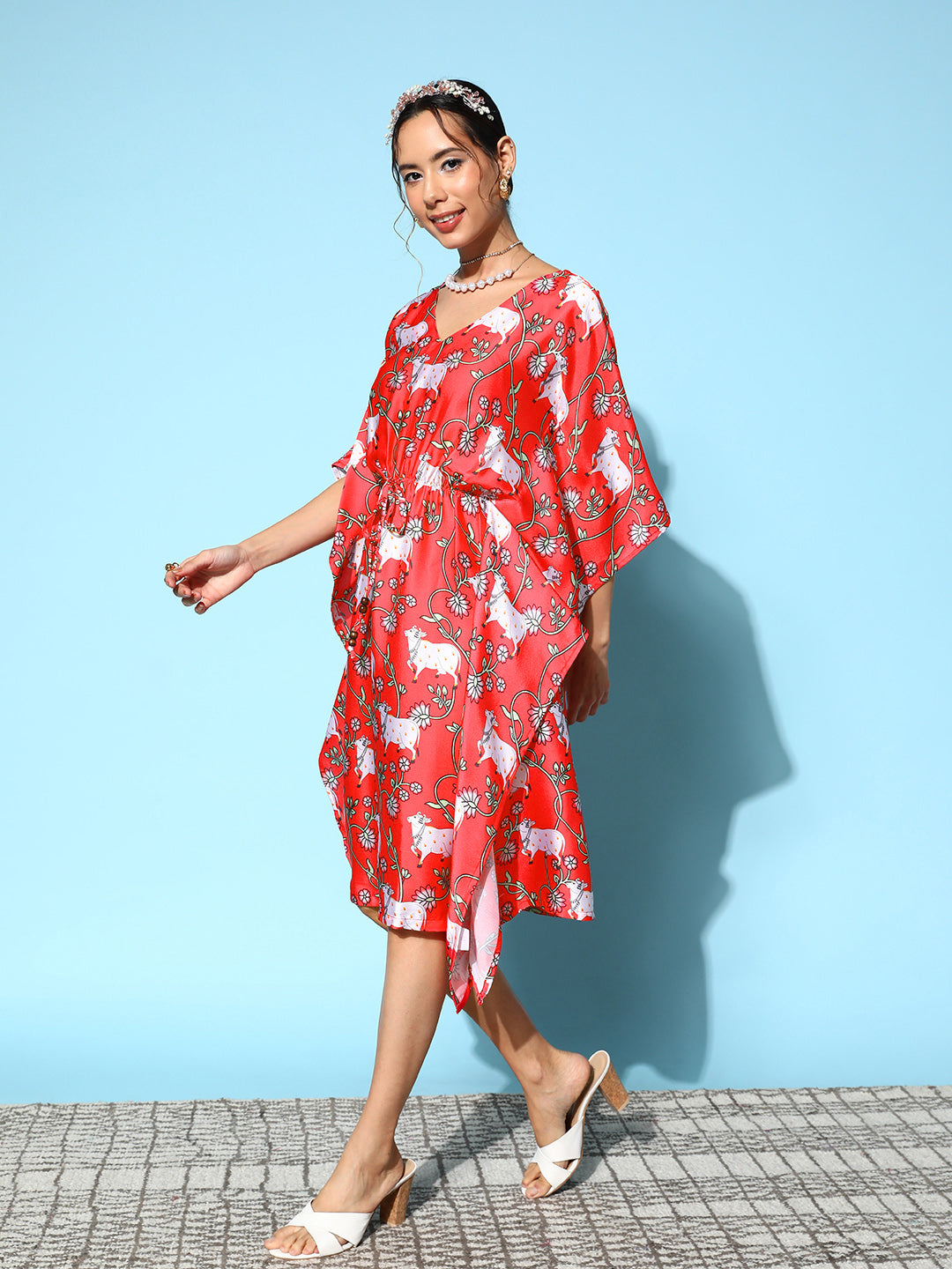 InWeave Women's Bright Pink Indian Bull Print Kaftan - Swadesiicart