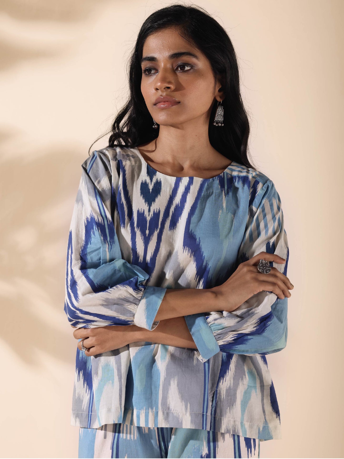 trueBrowns Blue Cotton Ikat Short Co-ord Set - Swadesiicart