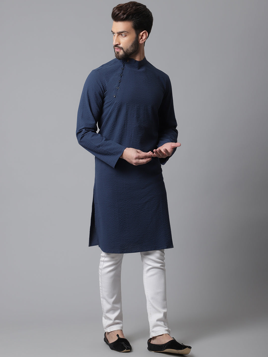 Even Apparels Blue Solid Kurta With Band Collar | Swadesiicart