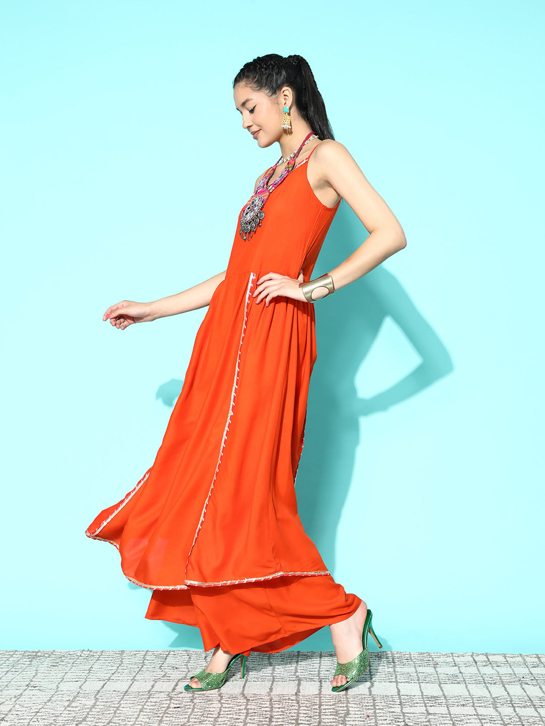 InWeave Women's Orange Red Gota Strappy Set With Multi Foil Muslin Dupatta - Swadesiicart