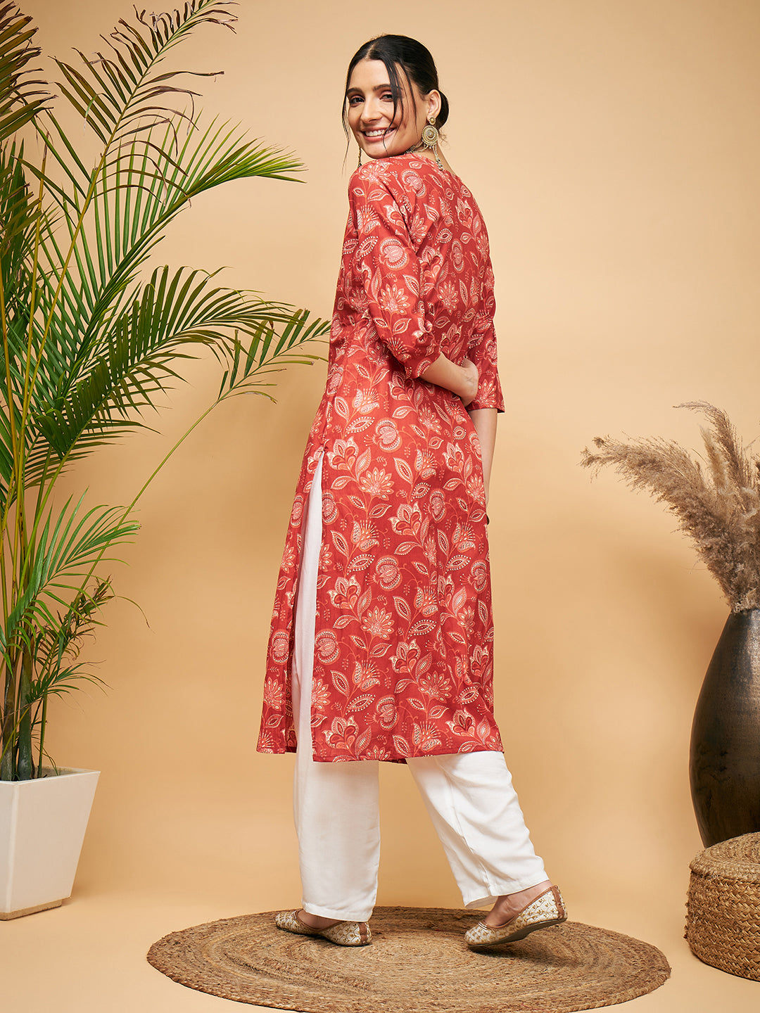 InWeave Women's Rust Paisley Print Gota Straight Kurta Pant Set - Swadesiicart