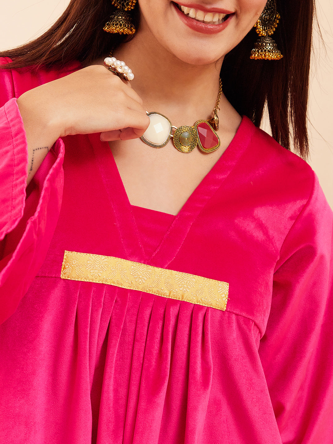 InWeave Women's Magenta V Neck Asymmetrical Pleated Velvet Kurta Set - Swadesiicart