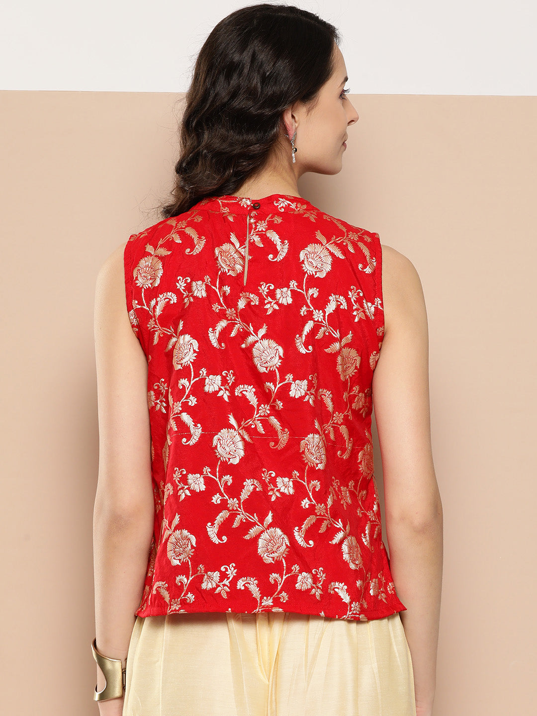 InWeave Women's Red Brocade Halter Top - Swadesiicart