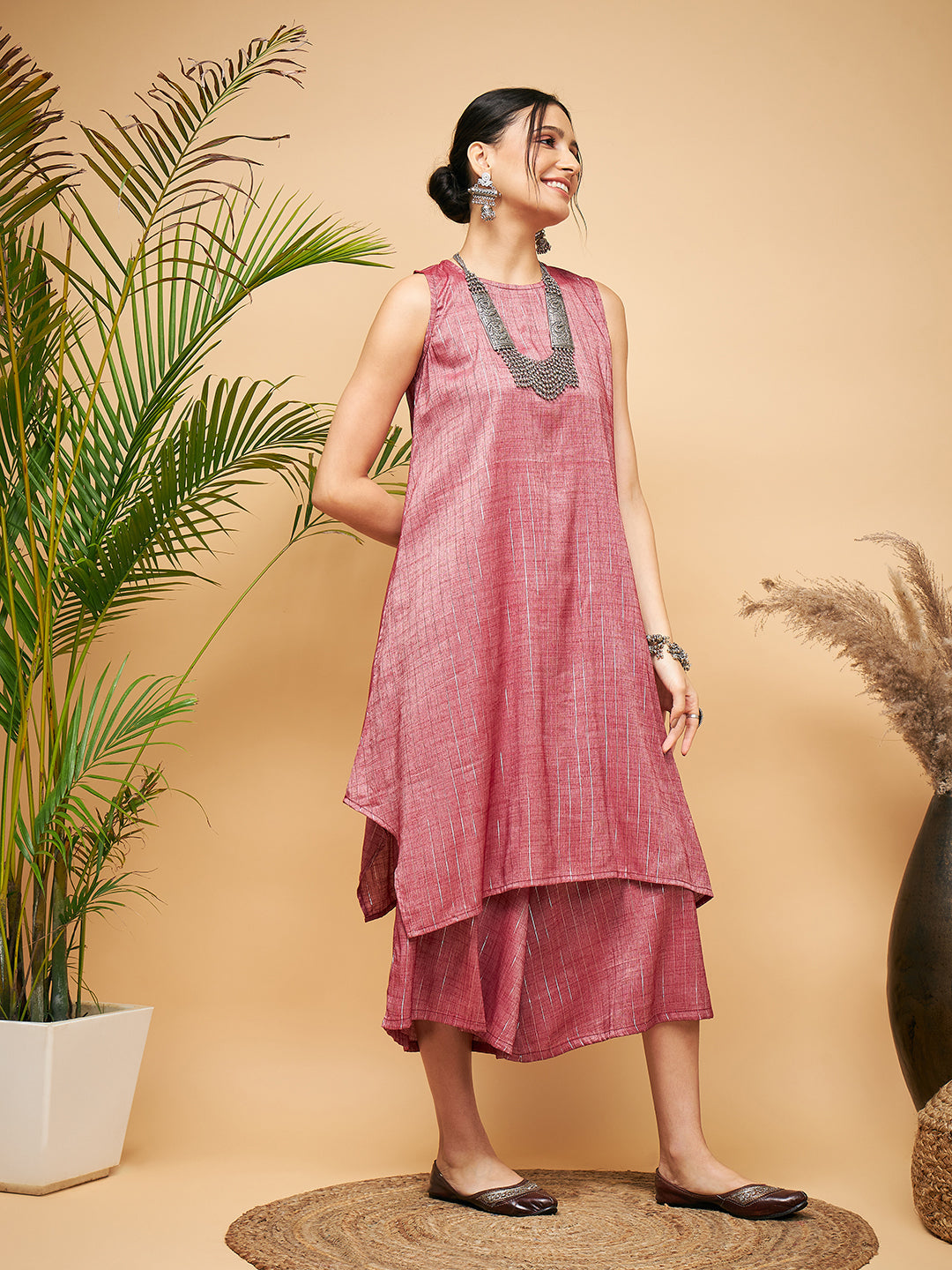 InWeave Women's Wine Lurex Short Pallazo Kurta Set - Swadesiicart