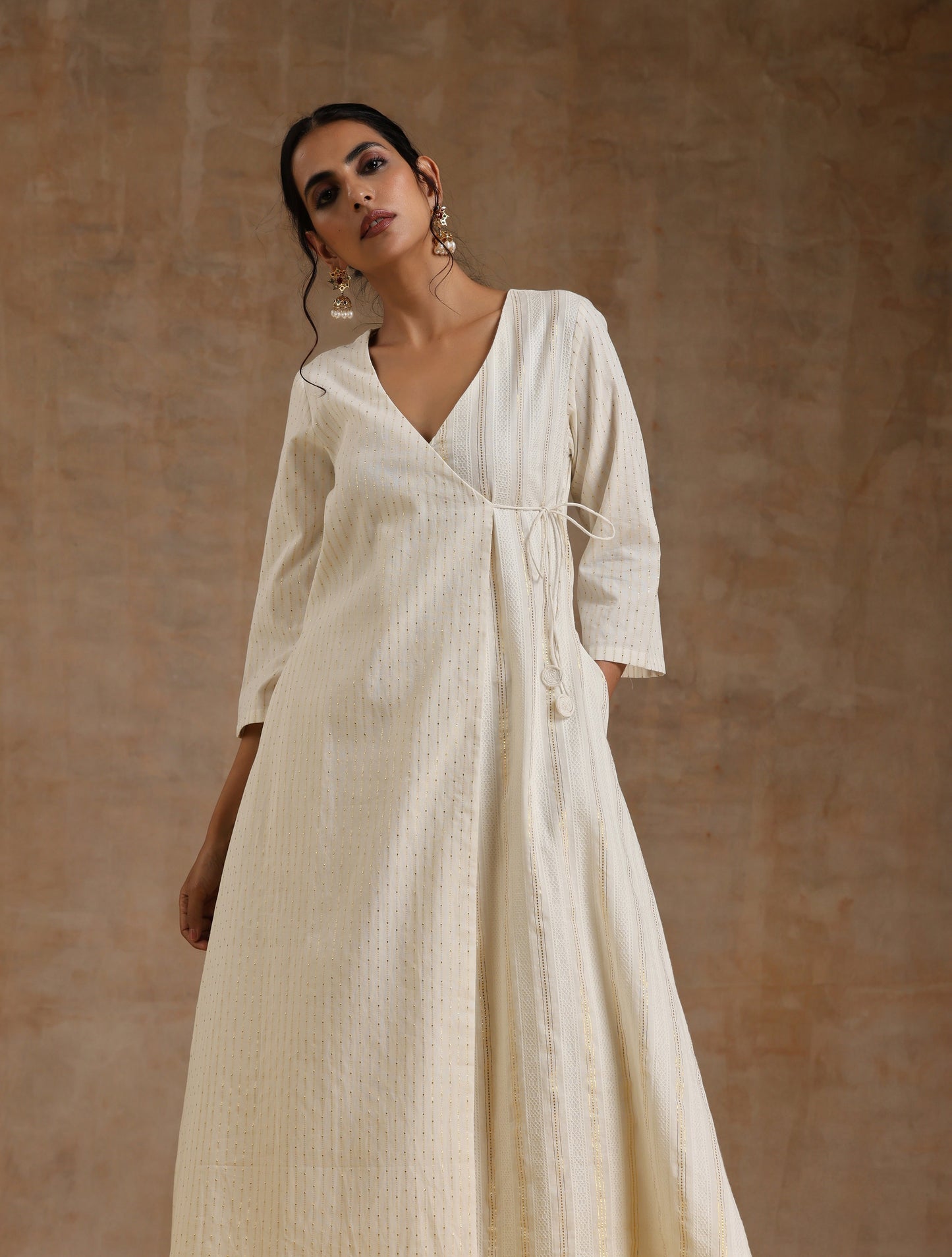 trueBrowns Ivory Gold Cotton Angrakha Kurta Set | Swadesiicart