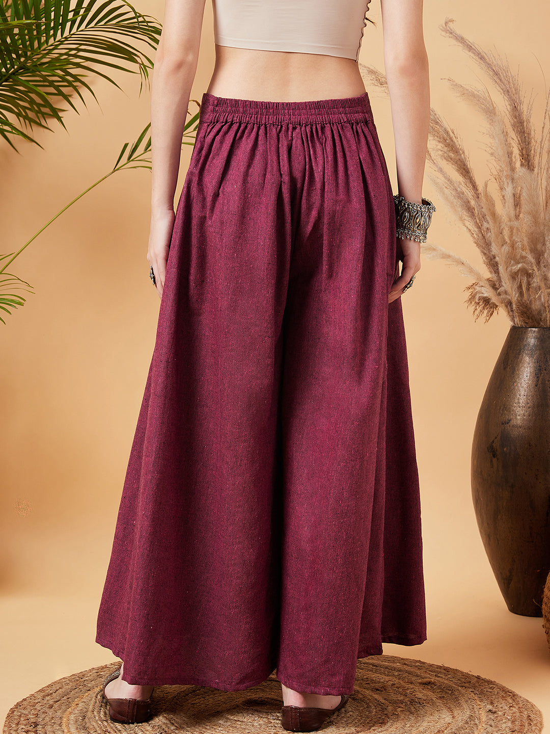 InWeave Women's Pink Wine Handloom Palazzo - Swadesiicart