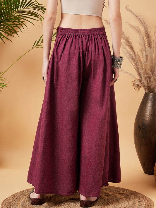 InWeave Women's Pink Wine Handloom Palazzo - Swadesiicart