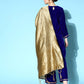 InWeave Women's Blue Velvet Kurta Set With Beige Brocade Dupatta - Swadesiicart