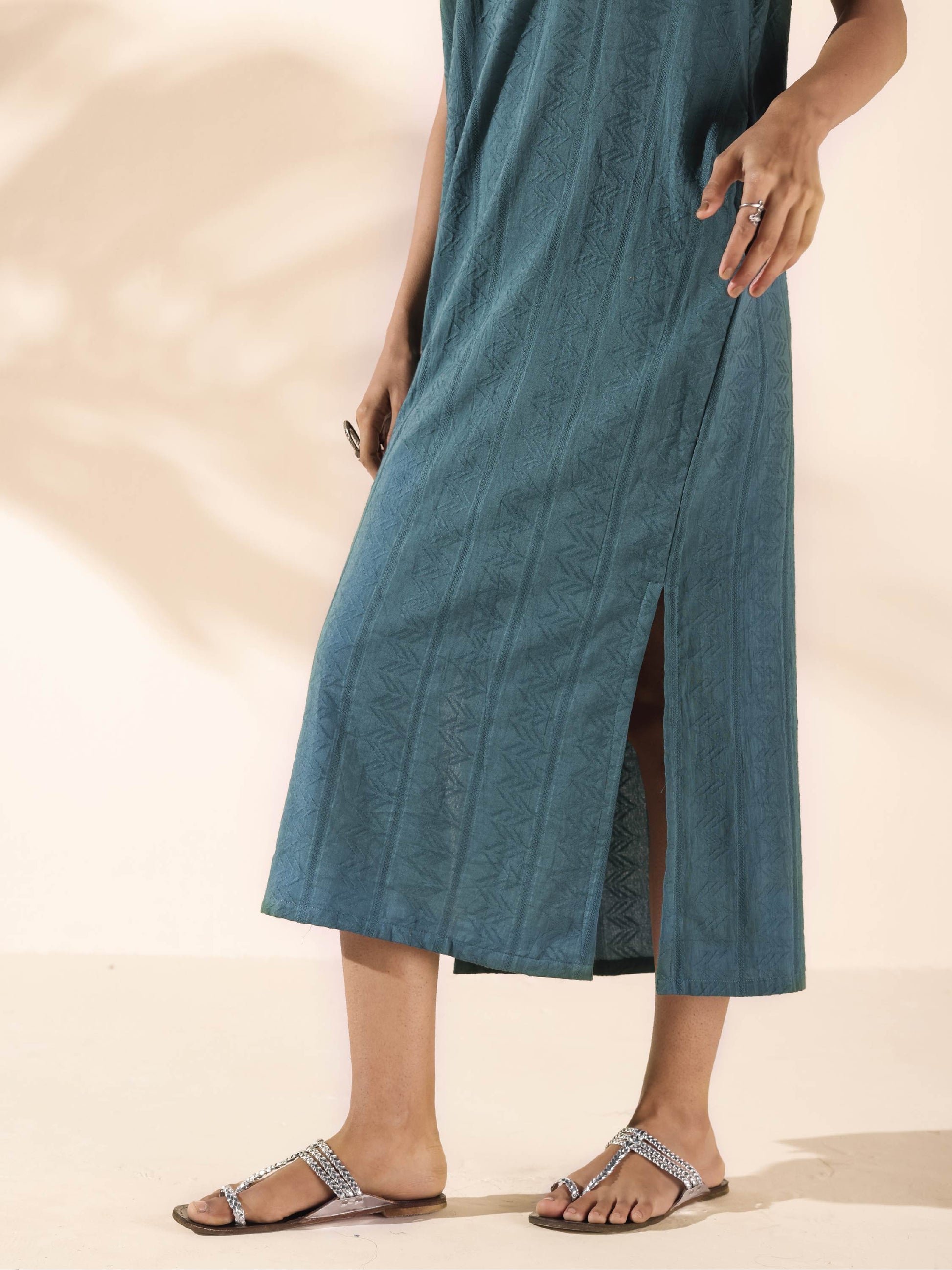 trueBrowns Turquoise Cotton Dobby Dress | Swadesiicart