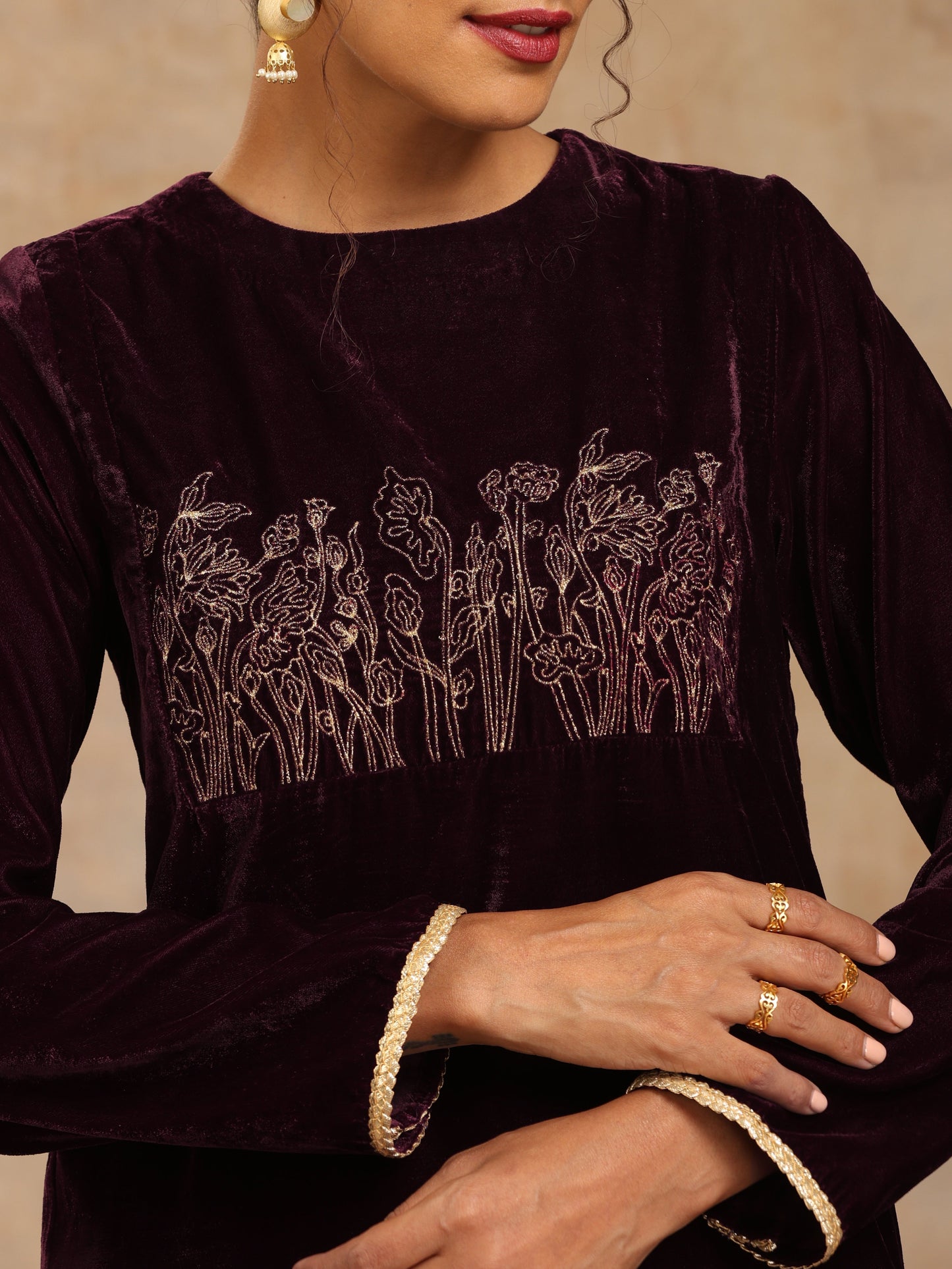 trueBrowns Wine Velvet Yoke Embroidered Kurta | Swadesiicart