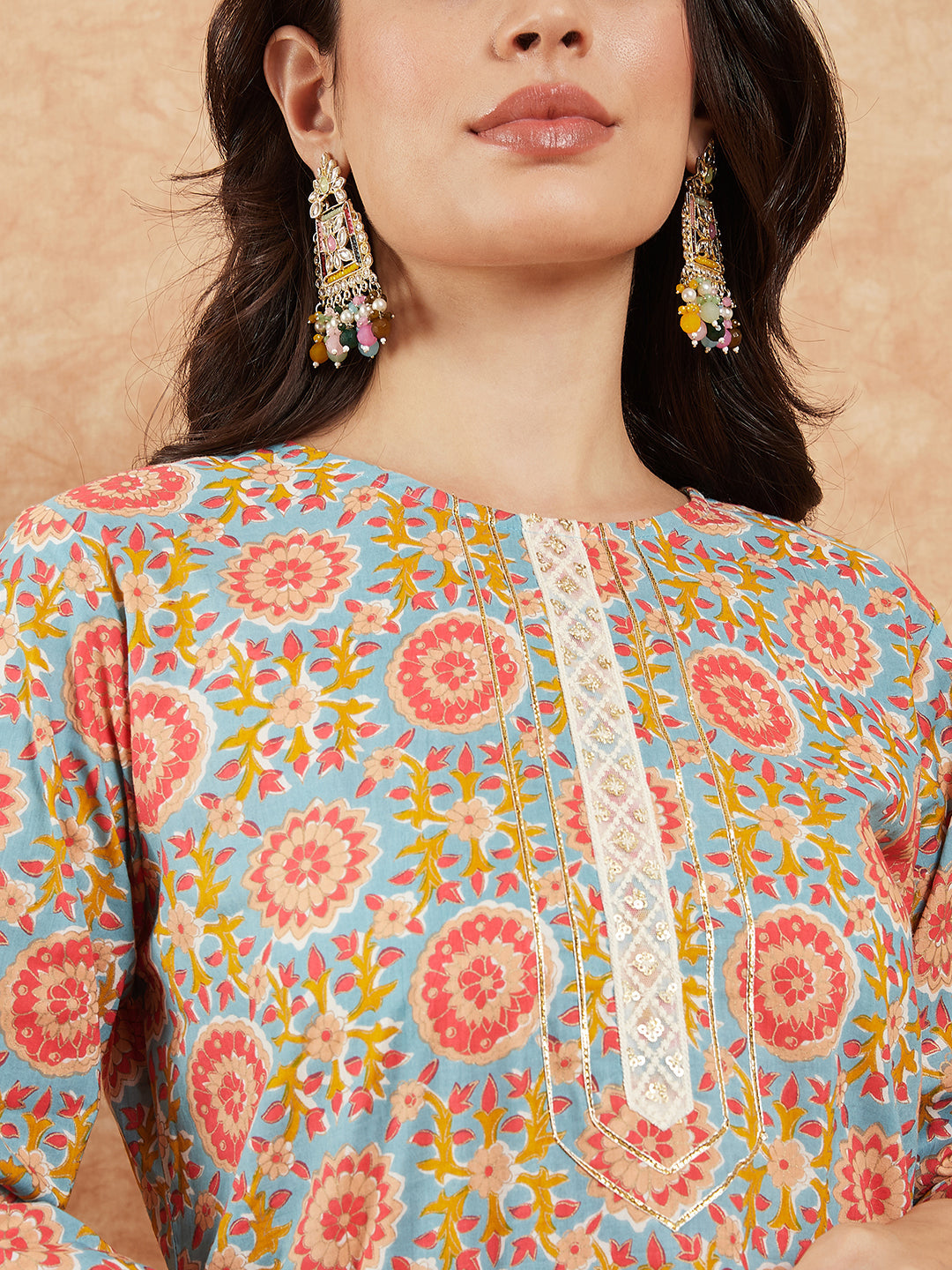 InWeave Women's Light Blue Floral Jaal Gota Work Straight Kurta Pant Set - Swadesiicart