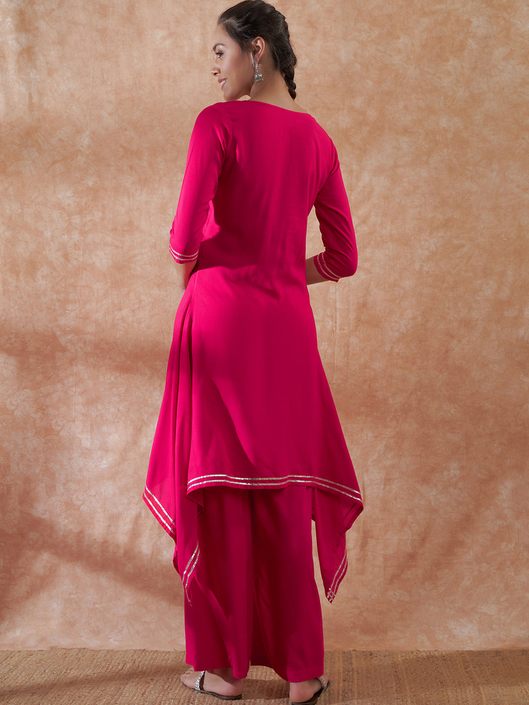 InWeave Women's Magenta Emb Assymetrical Kurta Pant Set - Swadesiicart