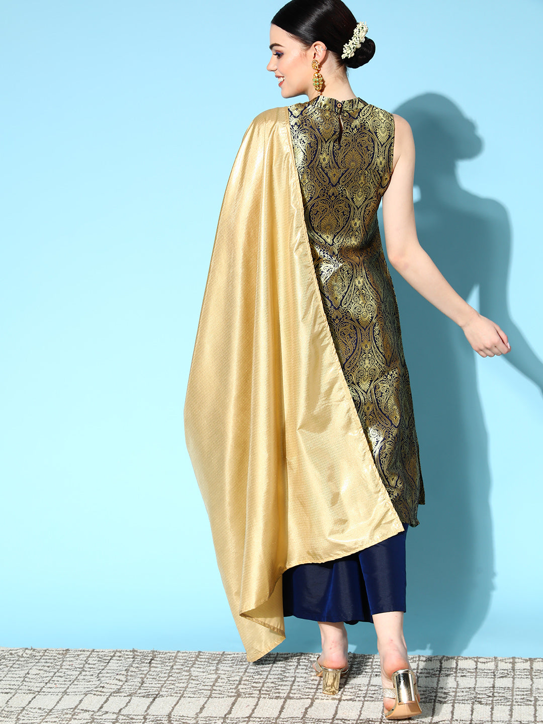 InWeave Women's Blue Banarasi Halter Kurta Set With Golden Dupatta - Swadesiicart