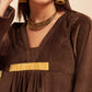 InWeave Women's Brown V Neck Asymmetrical Pleated Velvet Kurta Set - Swadesiicart