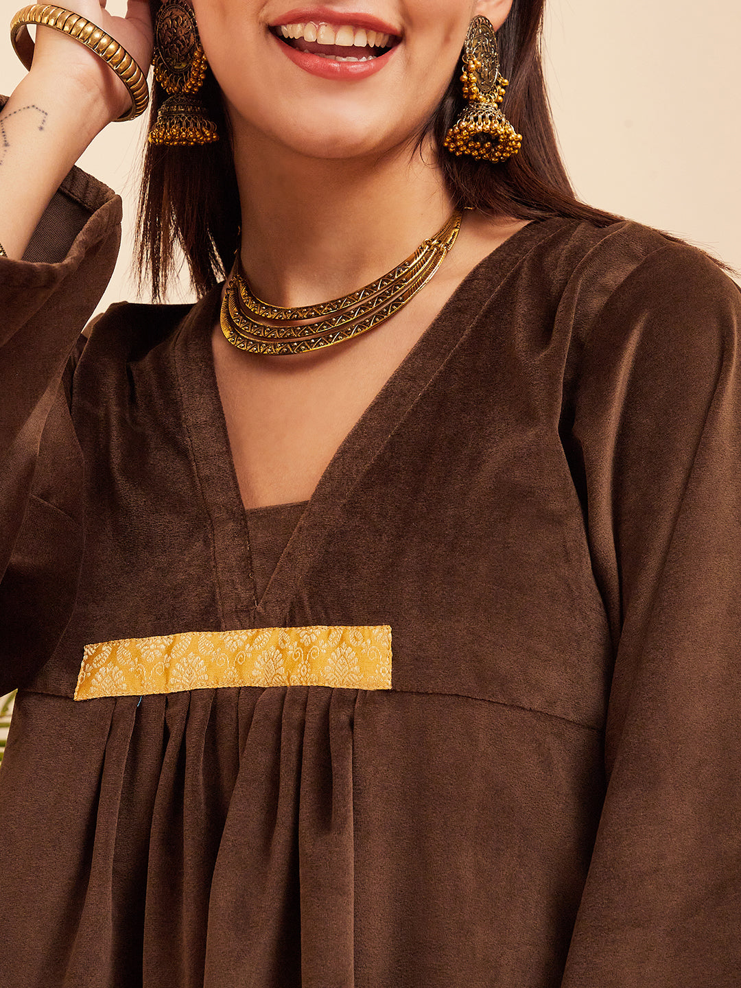 InWeave Women's Brown V Neck Asymmetrical Pleated Velvet Kurta Set - Swadesiicart