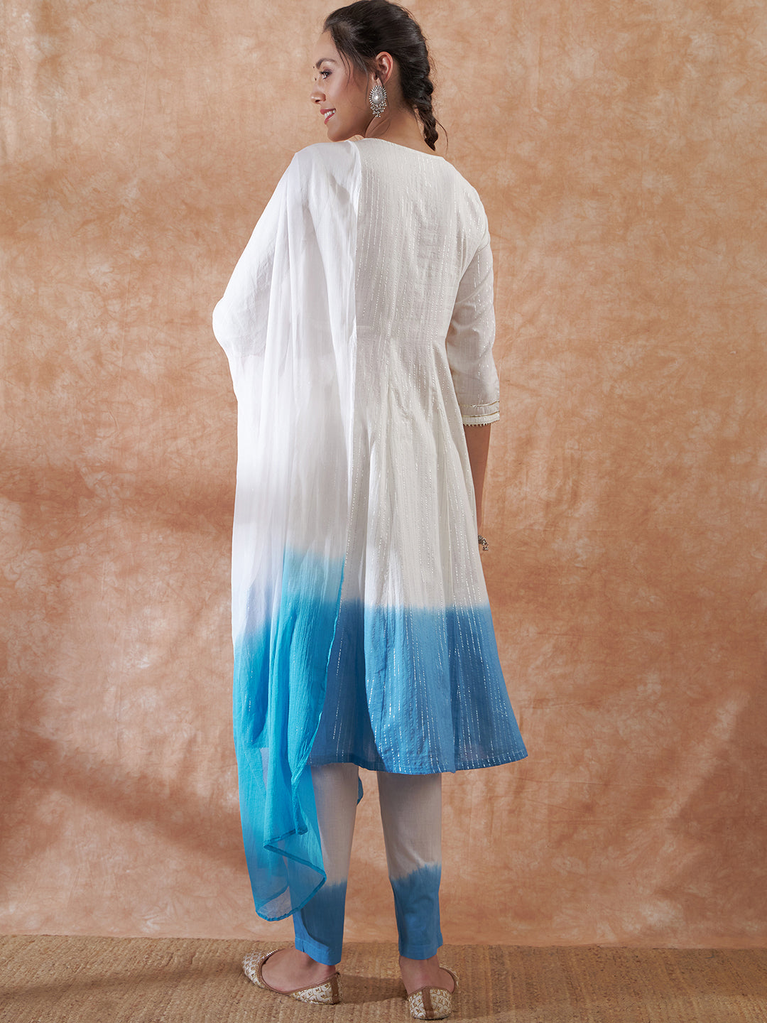InWeave Women's White Lurex Blue Dye Patch Gota Anarkali Kurta Set W Dupatta - Swadesiicart