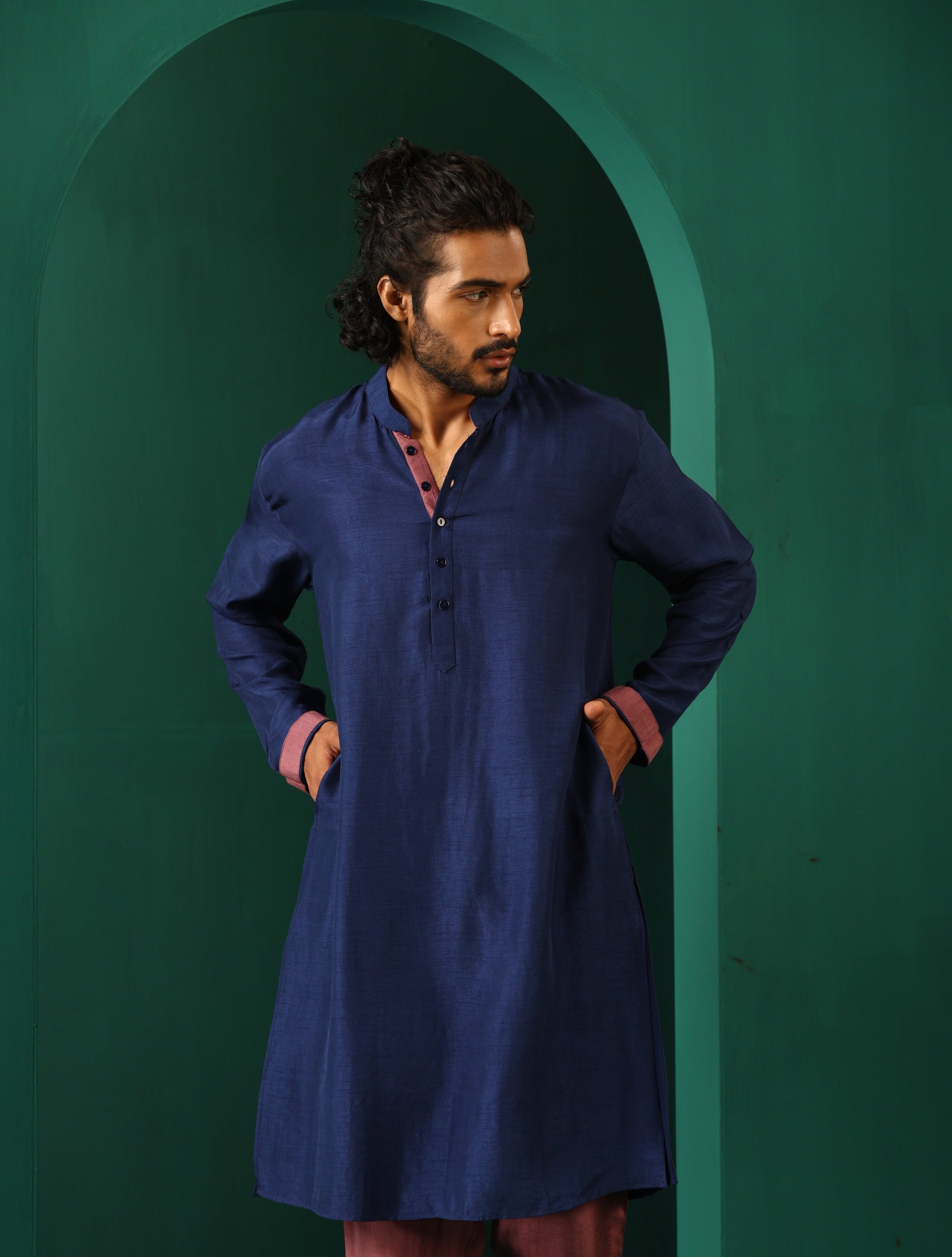 trueBrowns Men's Blue Silk Long Kurta | Swadesiicart