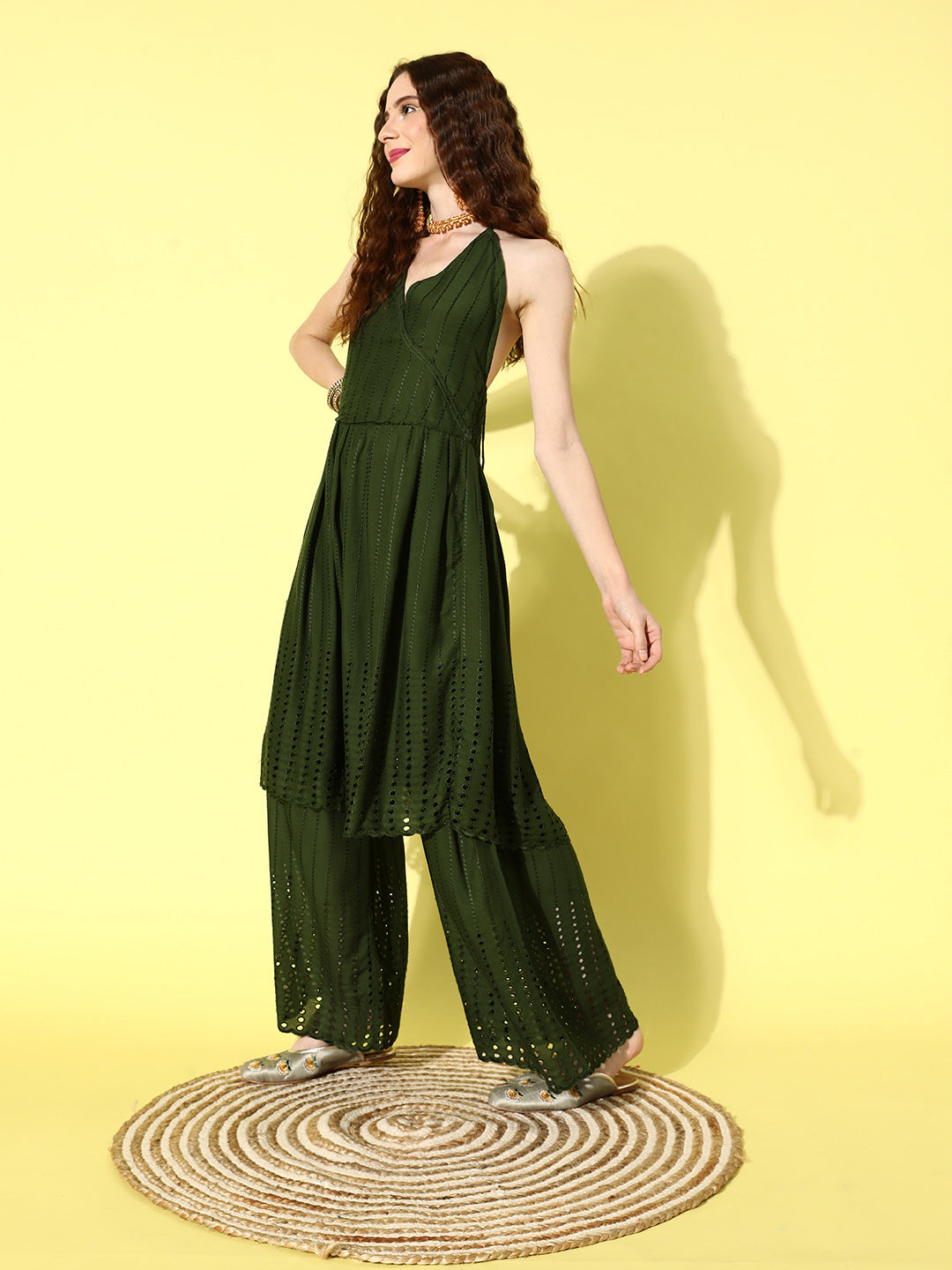InWeave Women's Green Lace Work Backless Kurta Sharara Set With Lehariya Dupatta - Swadesiicart